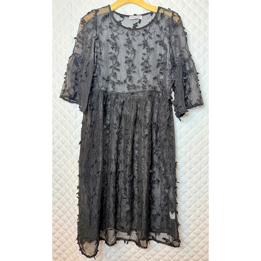 Solution Black Sheer Black Embroidered Mesh Babydoll Dress‎ Bell Sleeve Size M